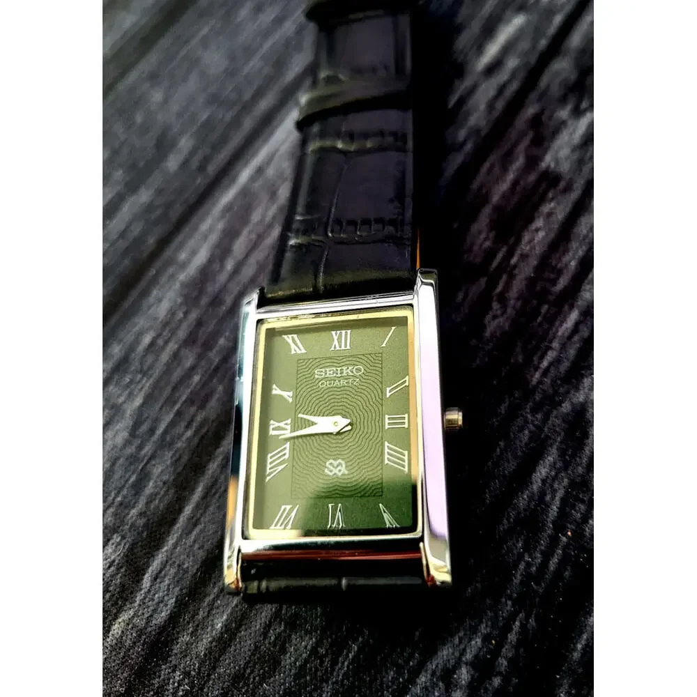 Rare Vintage Slim‎ Tank Quartz Mans Slv-Grn-Blk Leather Watch - Picture 3 of 8